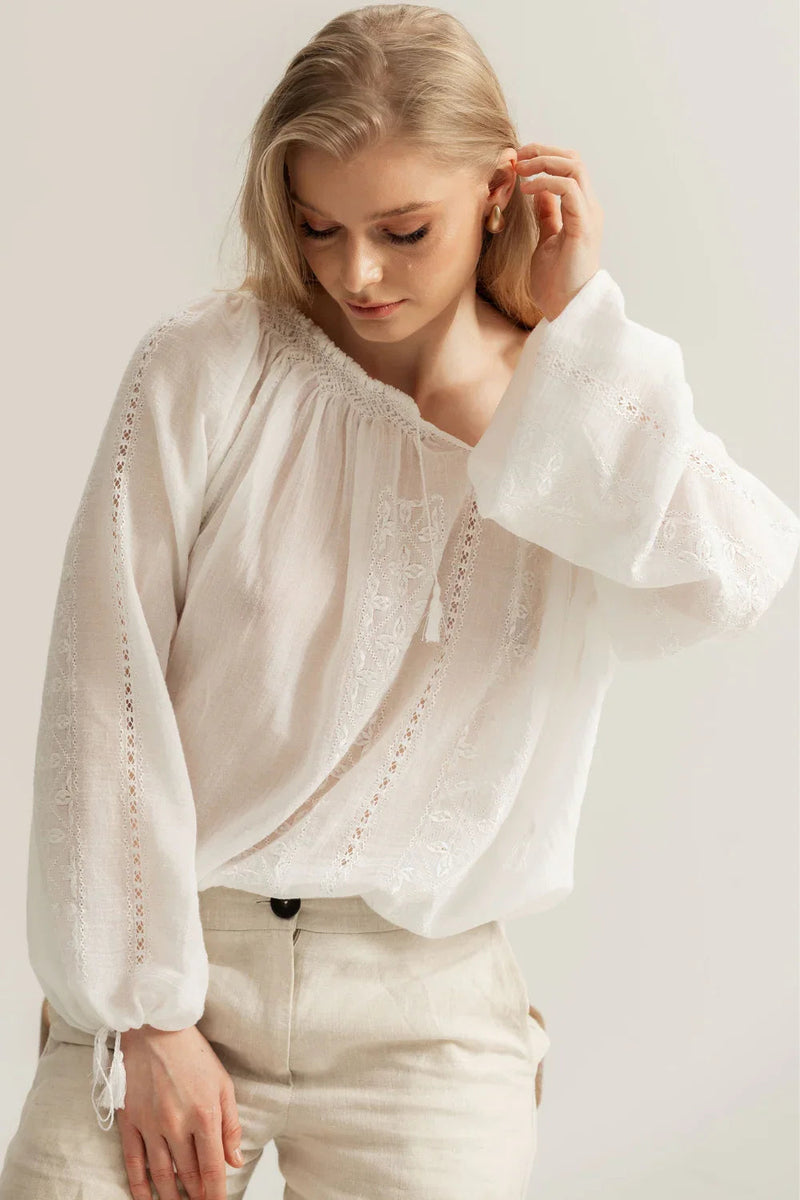 Authentic handmade Romanian blouse, white, cotton, geometric motif, hand-embroidered – embroidery detail