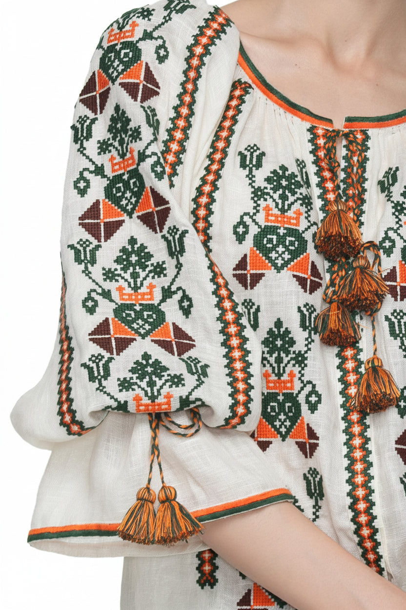 Embroidered garment with geometric patterns and tassels, featuring the brand blouse roumaine shop