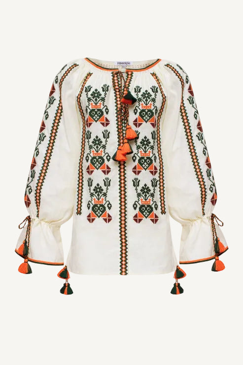 Slavic motif embroidered linen blouse with geometric embroidery, Foberini