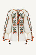 Slavic motif embroidered linen blouse with geometric embroidery, Foberini