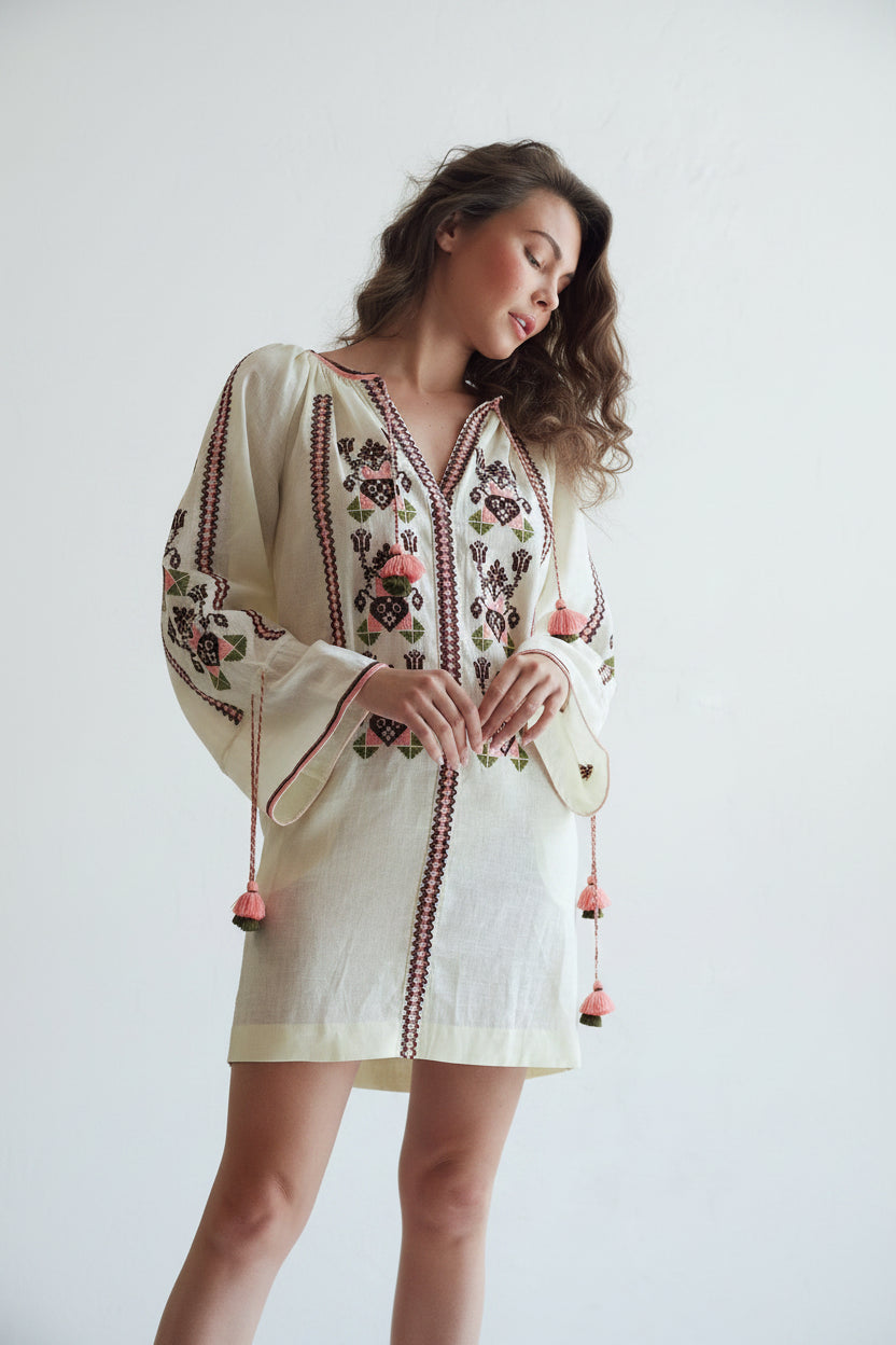 Woman wearing a white embroidered dress with red and pink details in a minimal indoor setting.