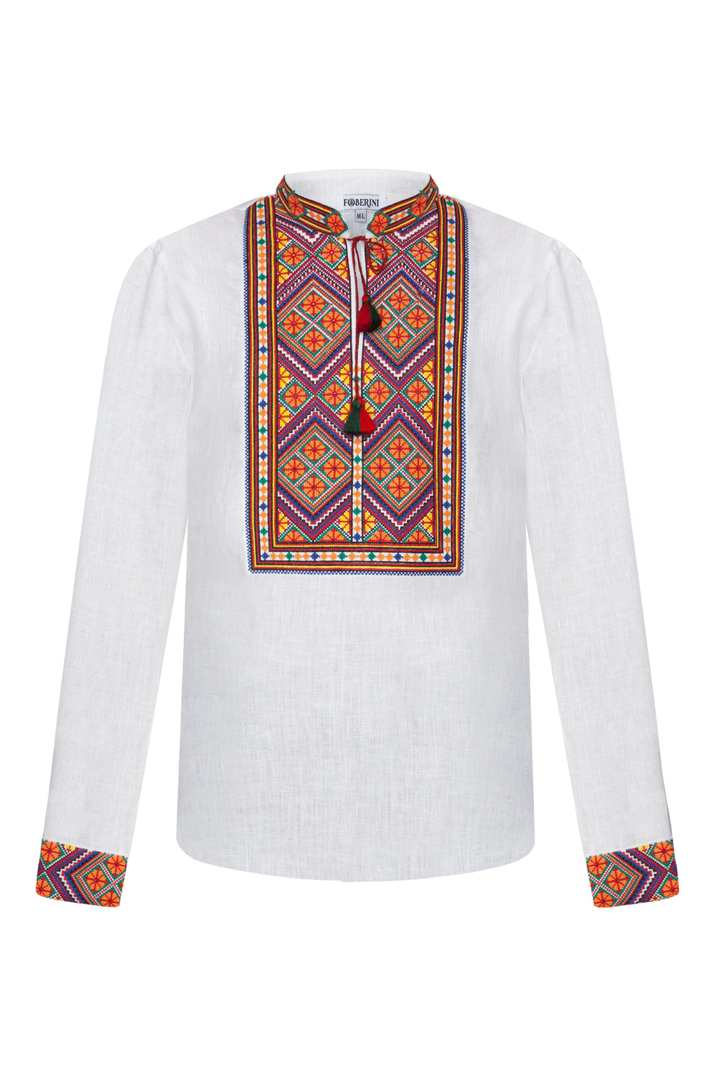 Foberini, Traditional embroidered men shirt, white, linen, geometric motif, hand-embroidered
