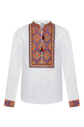 Foberini, Traditional embroidered men shirt, white, linen, geometric motif, hand-embroidered
