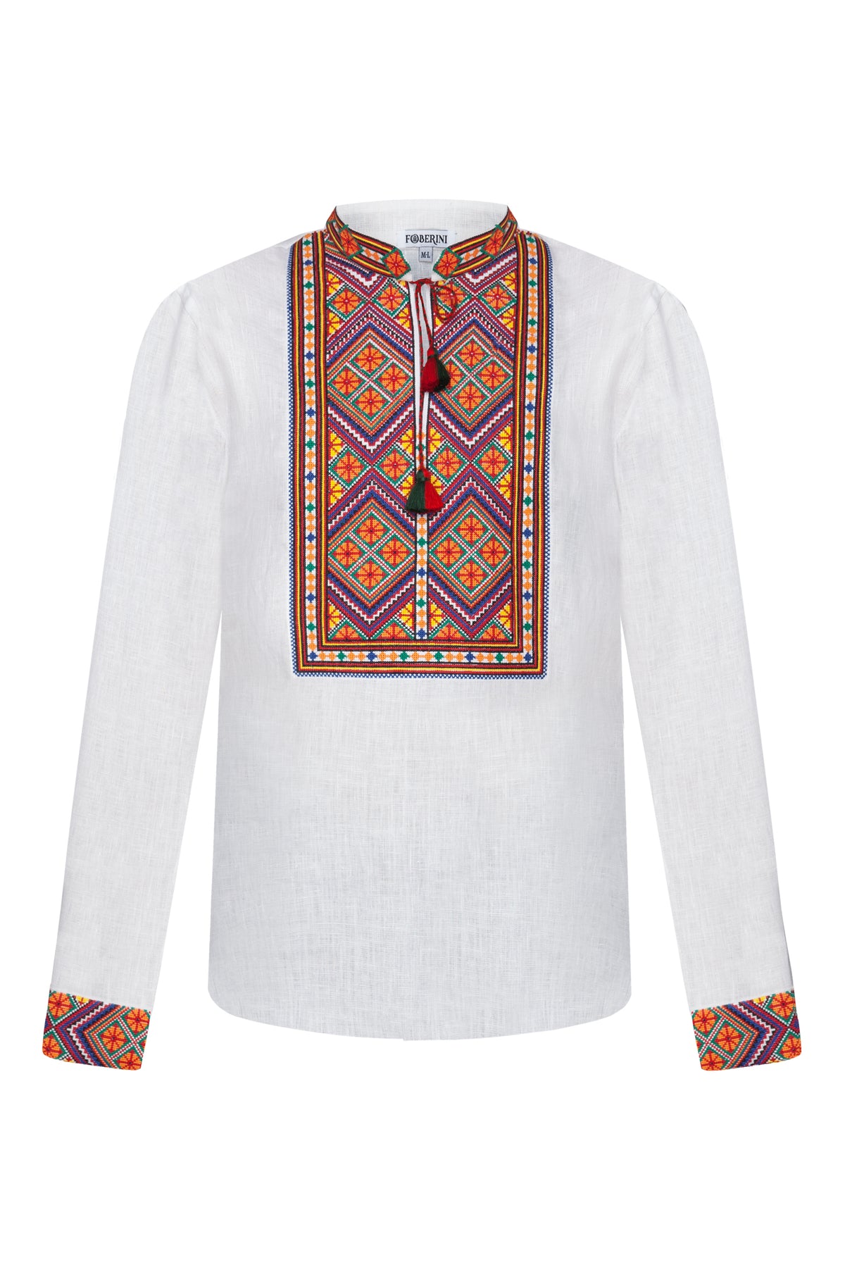 Foberini, Traditional embroidered men shirt, white, linen, geometric motif, hand-embroidered