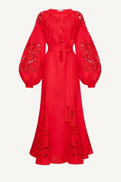 Foberini, Embroidered dress, red, floral motif, hand-embroidered