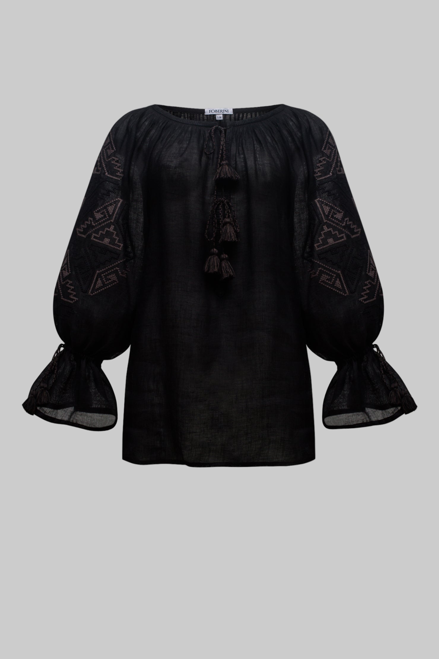 Bluză din in negru orhidee – Vyshyvanka brodat manual