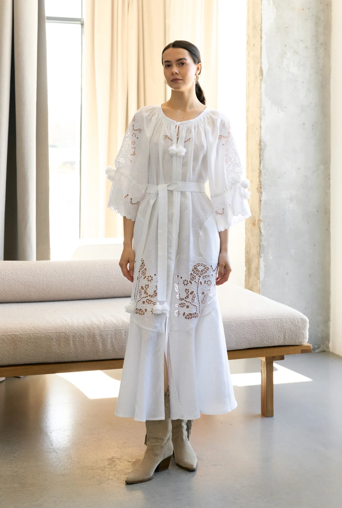 Tree of Life white linen maxi dress - back view