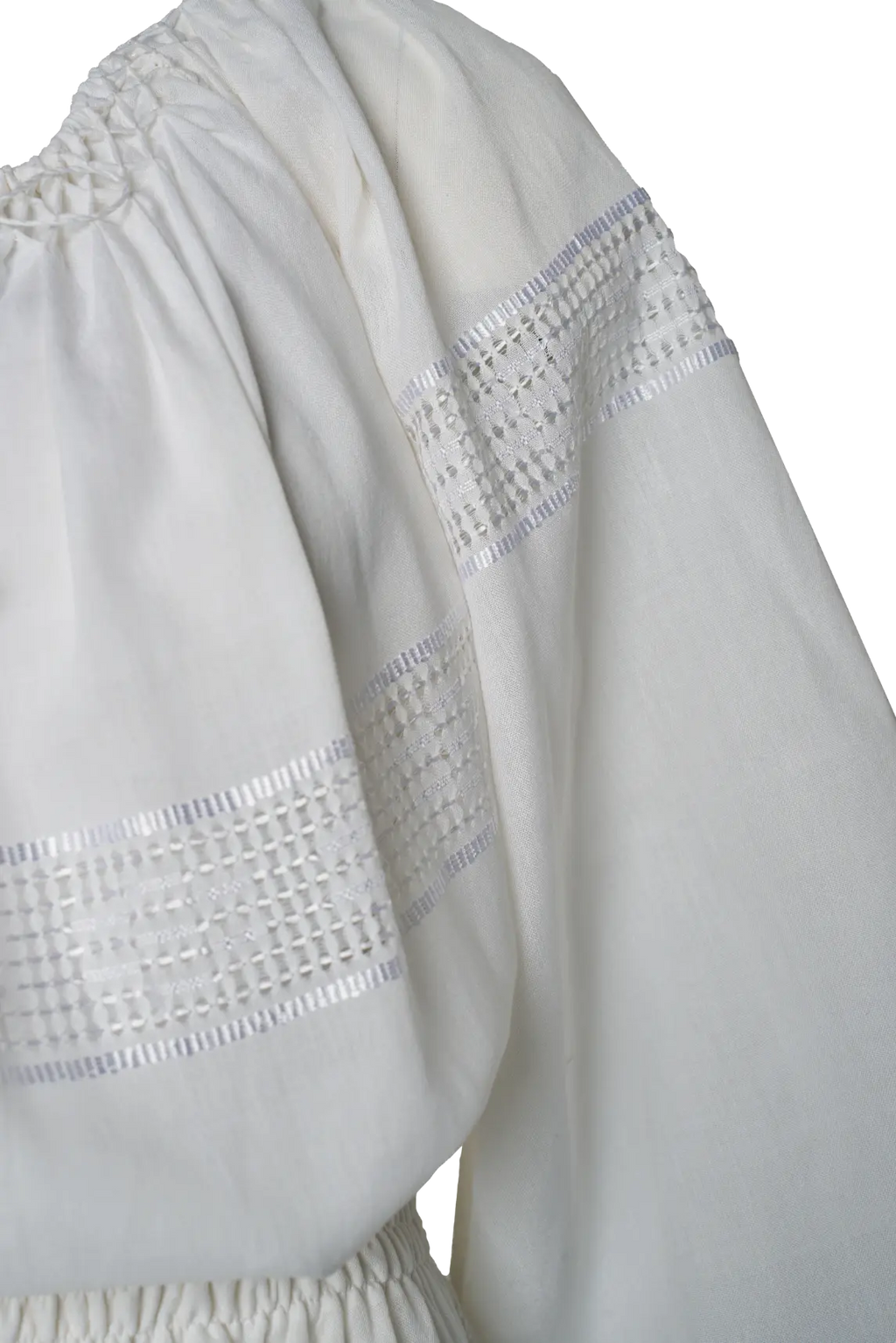 Hand-loomed white Romanian midi dress - off-the-shoulder drawstring neckline