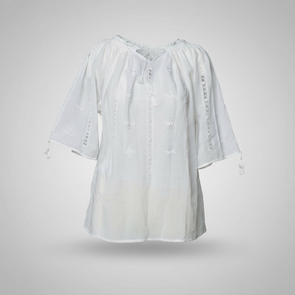 White blouse with ruffled sleeves on a white background