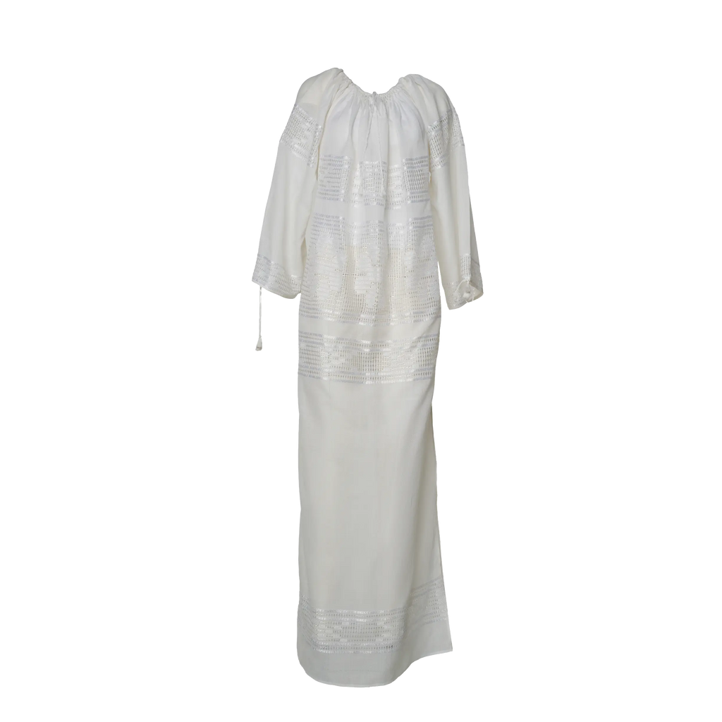 Loom-woven heirloom long white dress with silk openwork embroidery