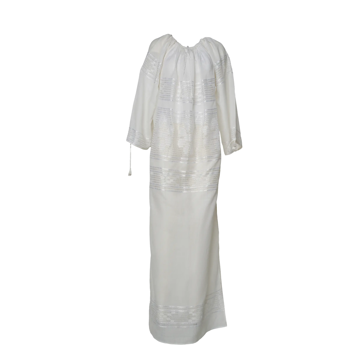 Loom-woven heirloom long dress - broderie sparta openwork band detail