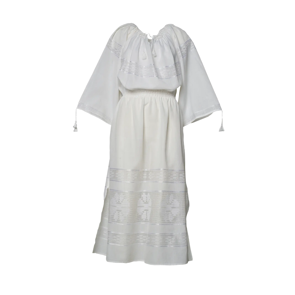Hand-loomed white Romanian heritage midi dress with ajur openwork