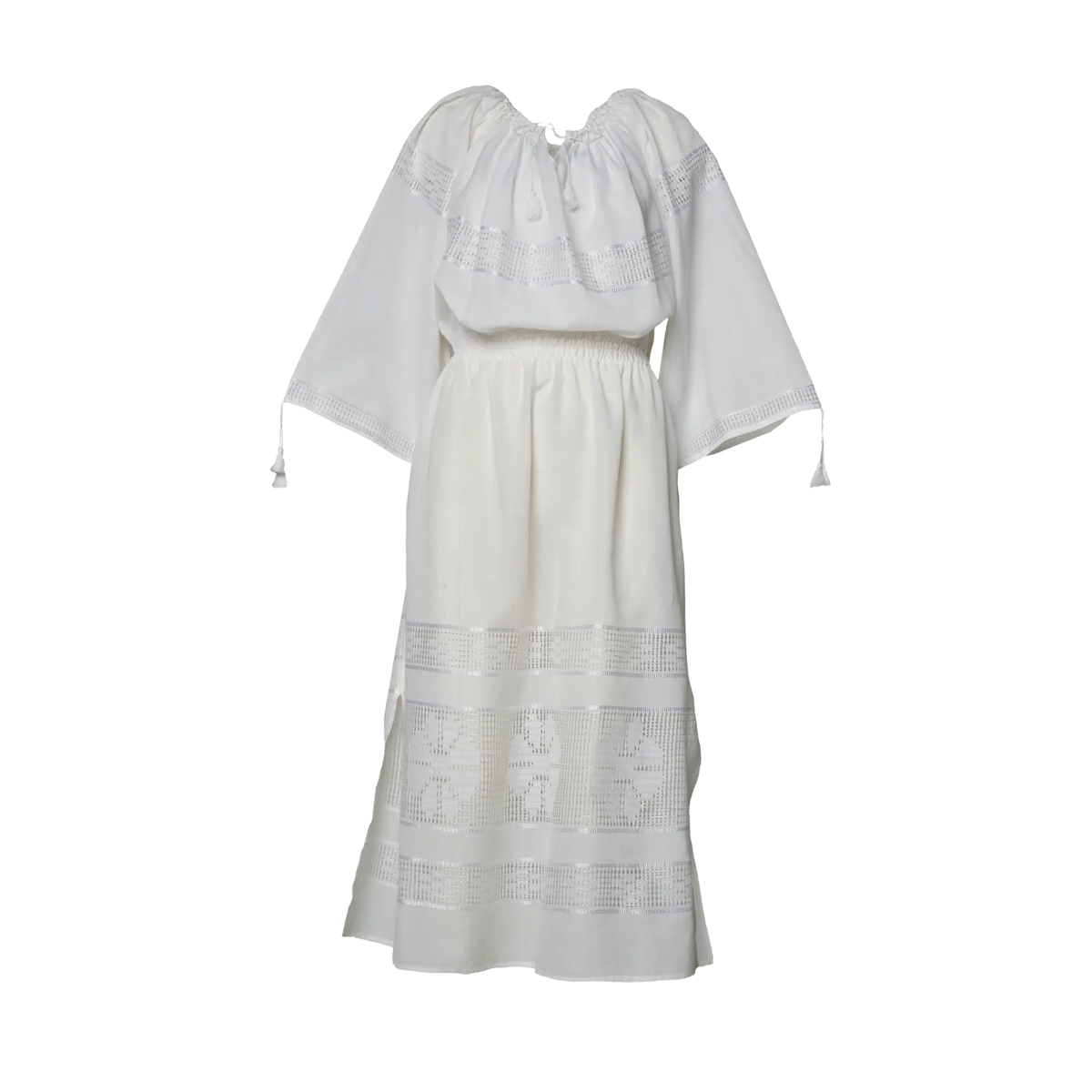 Hand-loomed white Romanian heritage midi dress with ajur openwork