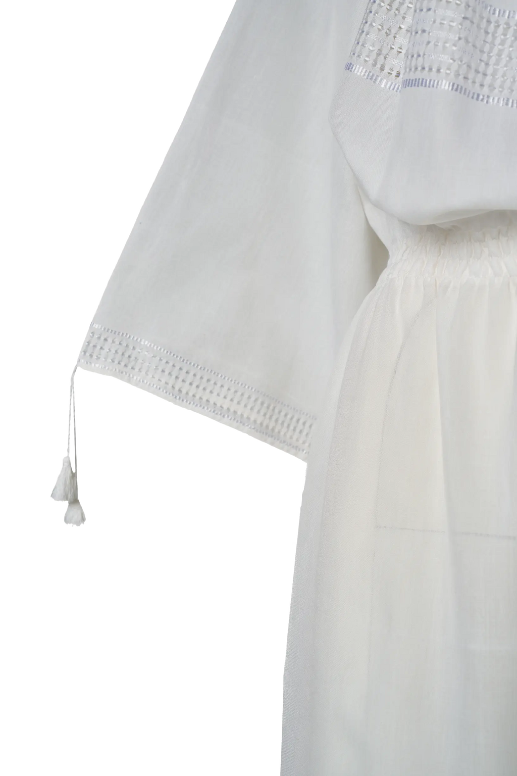 Hand-loomed white Romanian midi dress - tasselled wide sleeve detail