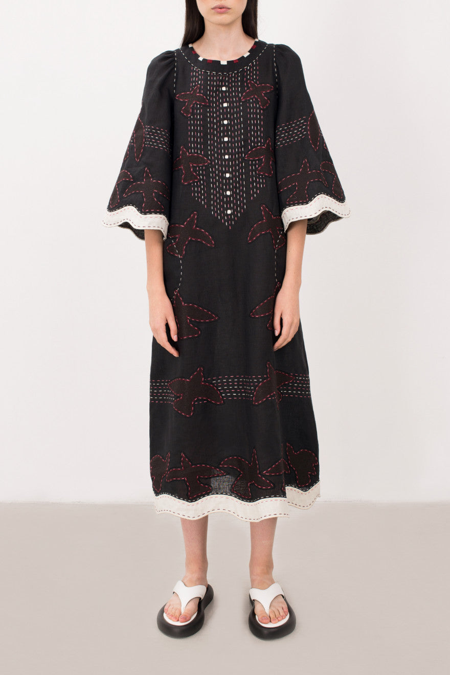 Golden Realm Handmade Embroidered Linen Dress