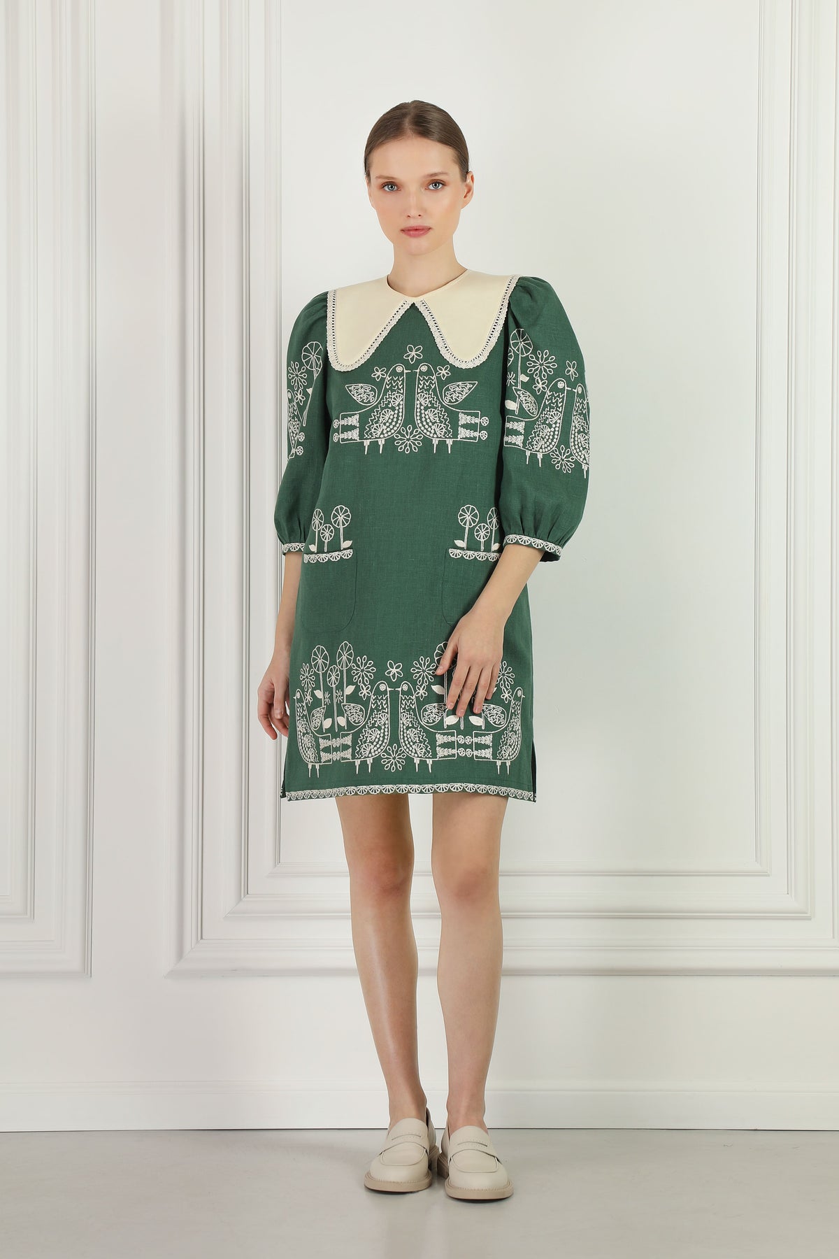 Zozulya green linen mini dress - bird and flower embroidery detail
