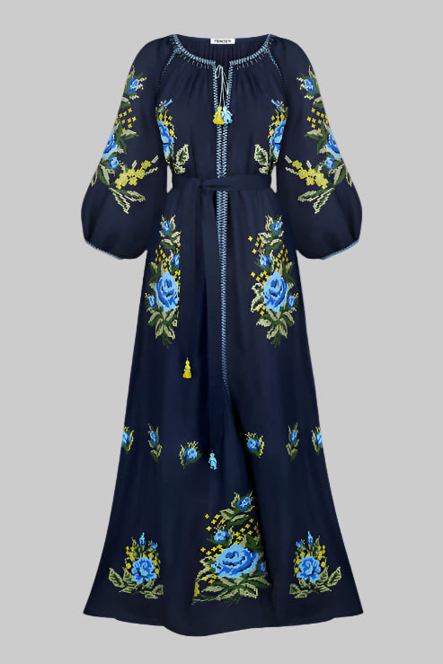 Rochie Evelyn cu broderie florală în albastru bleumarin