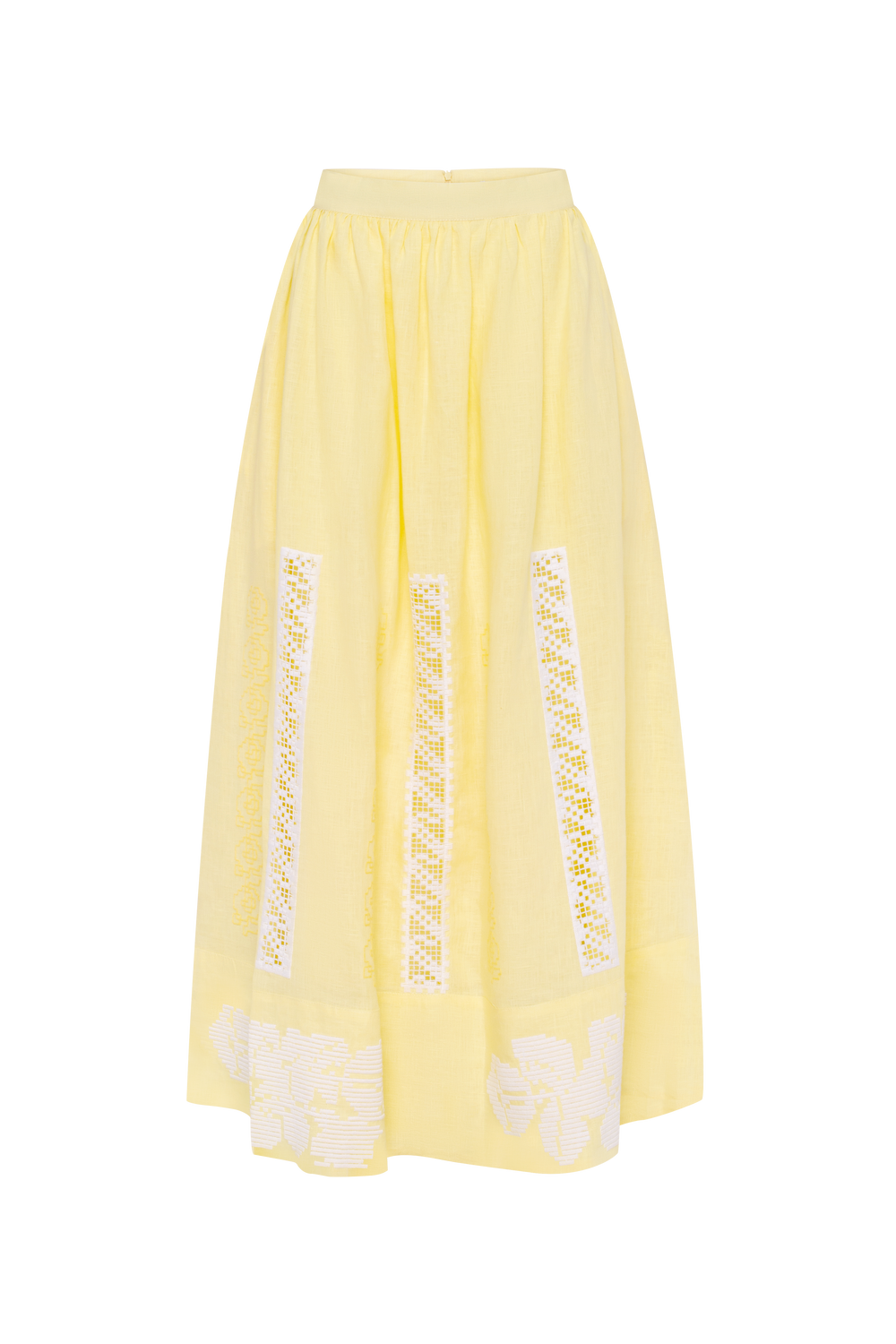 Hand-embroidered folk linen skirt with Richelieu cutwork in yellow