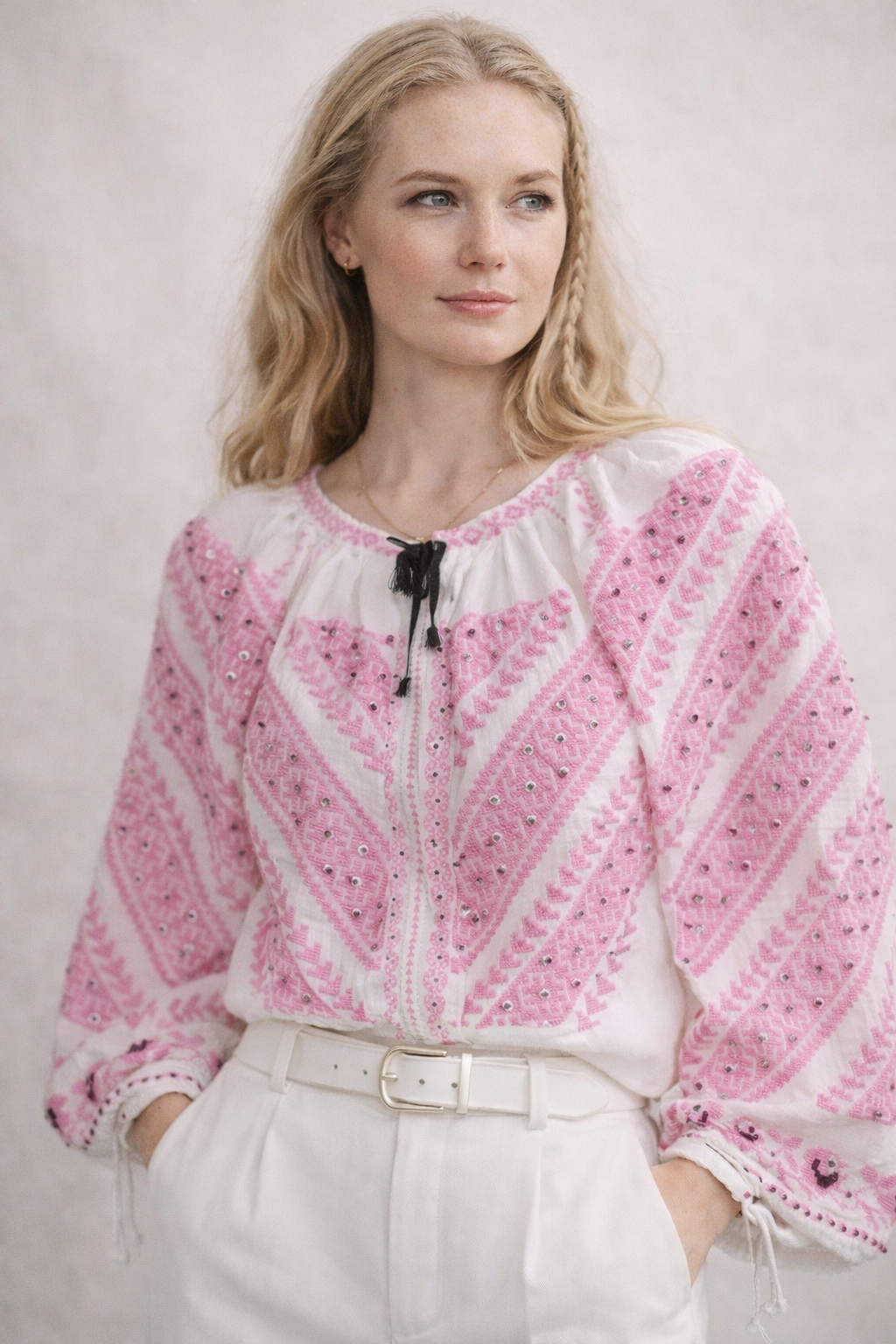 Pink Blossom cross stitched hand-embroidered sequined cotton blouse