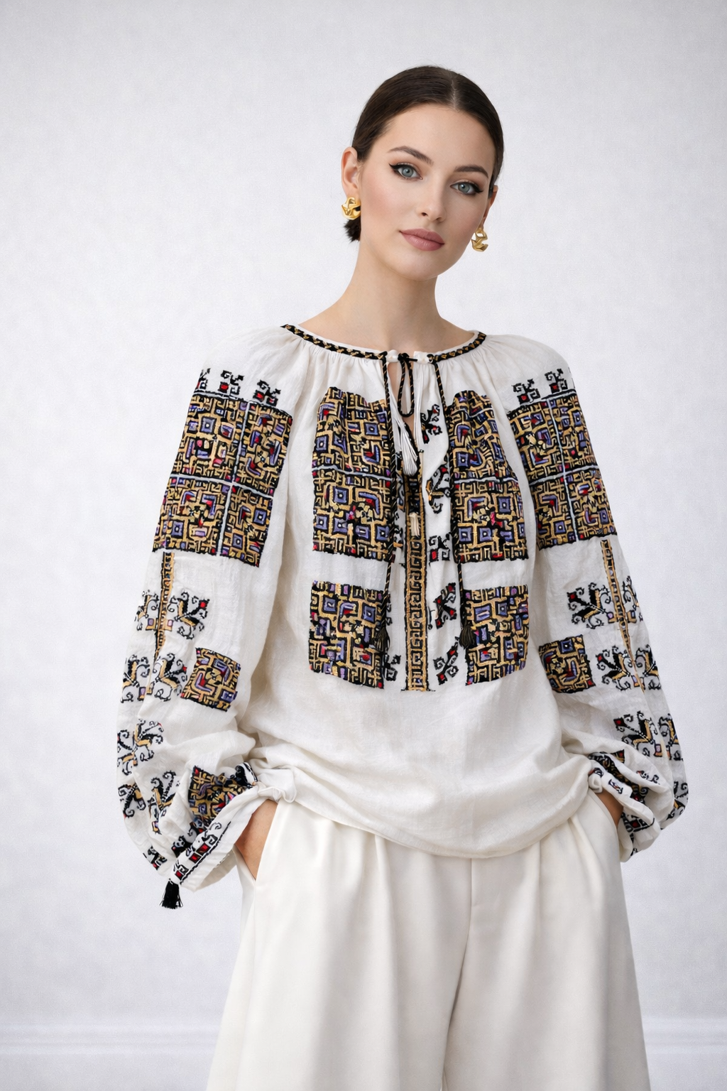 Diamond Motif Mehedinți hand cross-stitched metallic thread blouse