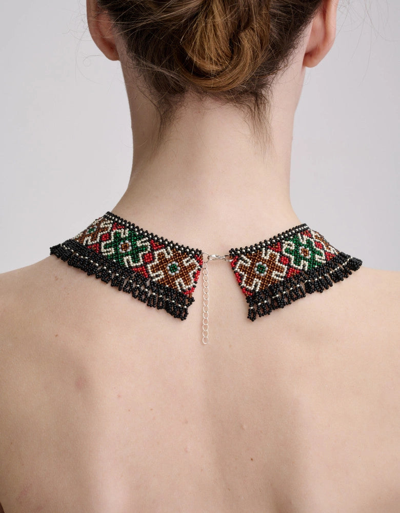Carpathian folk beaded collar necklace, hand-looped bead edge, close-up