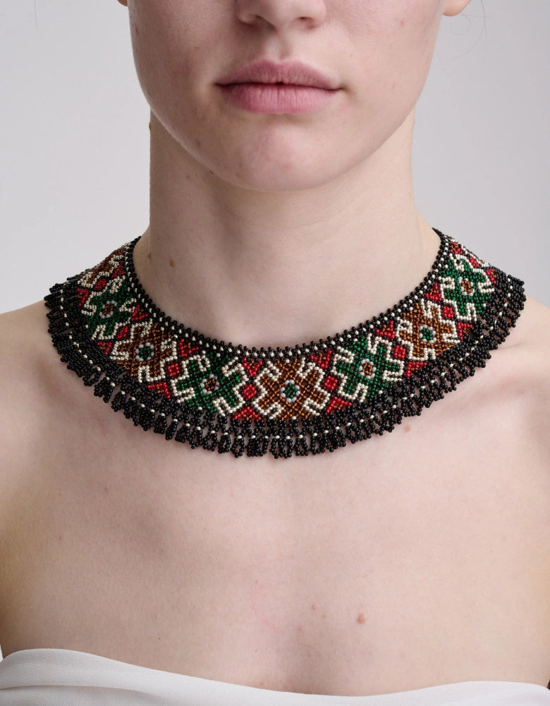 Hutsul silyanka beaded collar necklace, geometric diamond pattern, detail