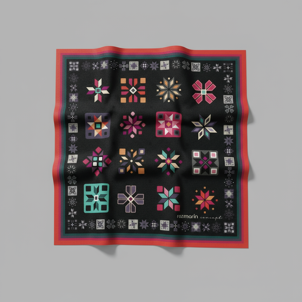 Decorative square with colorful geometric patterns on a black background, framed by a red border.