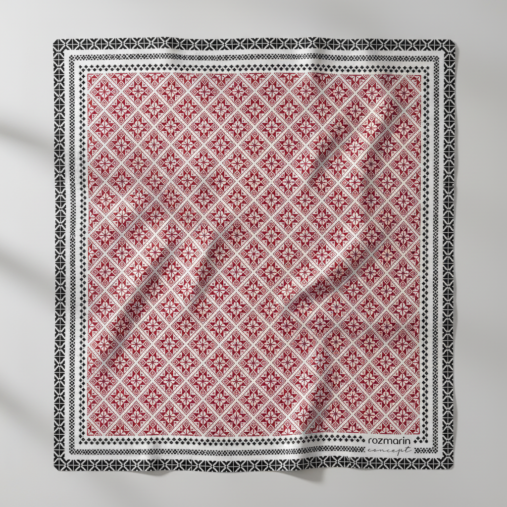Red and white geometric patterned product with black border on a white background
