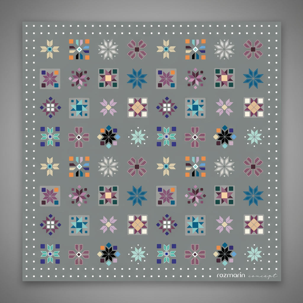 Quilt with geometric floral patterns on a gray background