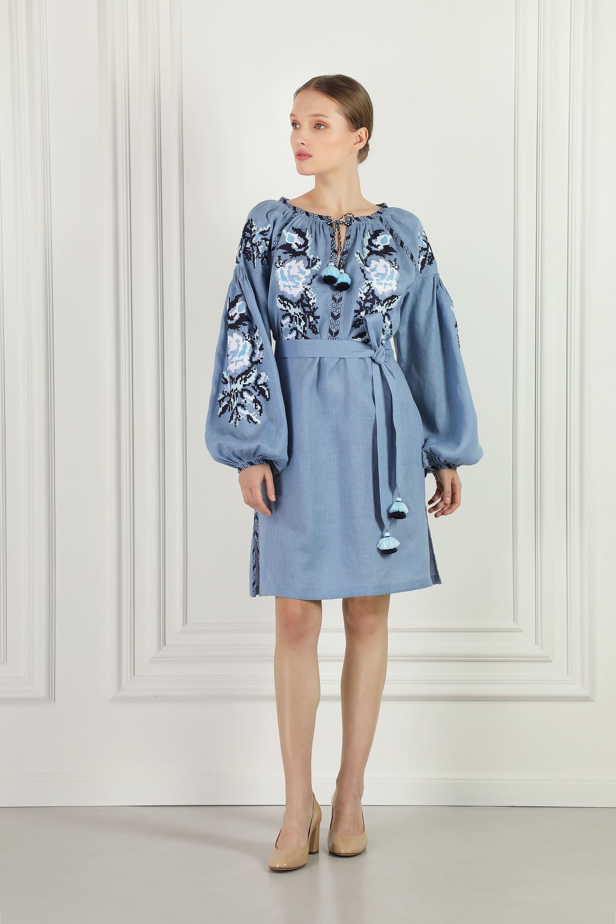 Blue linen mini dress with tassel V-neckline, Foberini