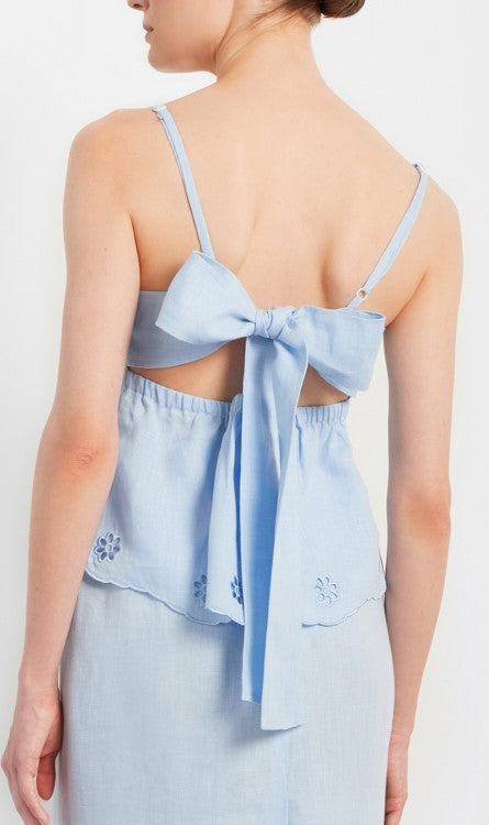 Tree of Life light blue cutwork linen top - back bow tie