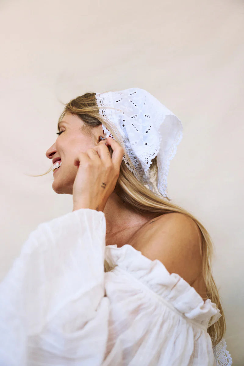 White embroidered cotton headscarf with crocheted lace edging, Katerini Mou