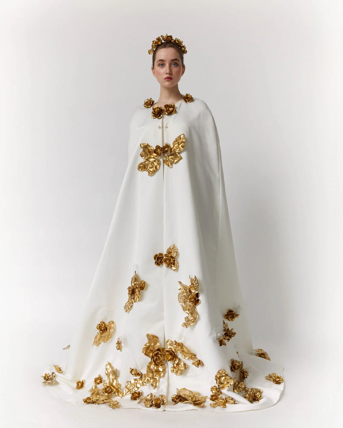 Katerini Mou upcycled PET floral crown, close-up of the golden blooms