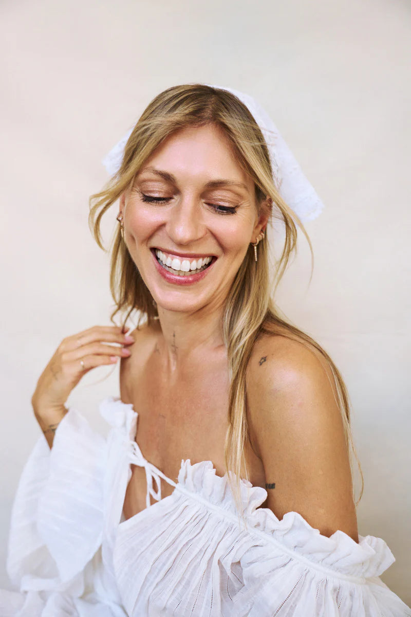 Katerini Mou white embroidered headscarf, folk motif