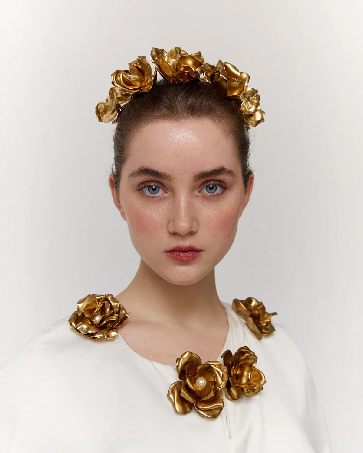 Katerini Mou floral crown handmade from upcycled PET with golden flowers