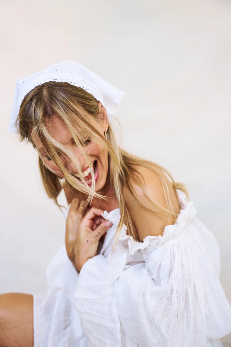 White cotton headscarf with lace edge, detail, Katerini Mou