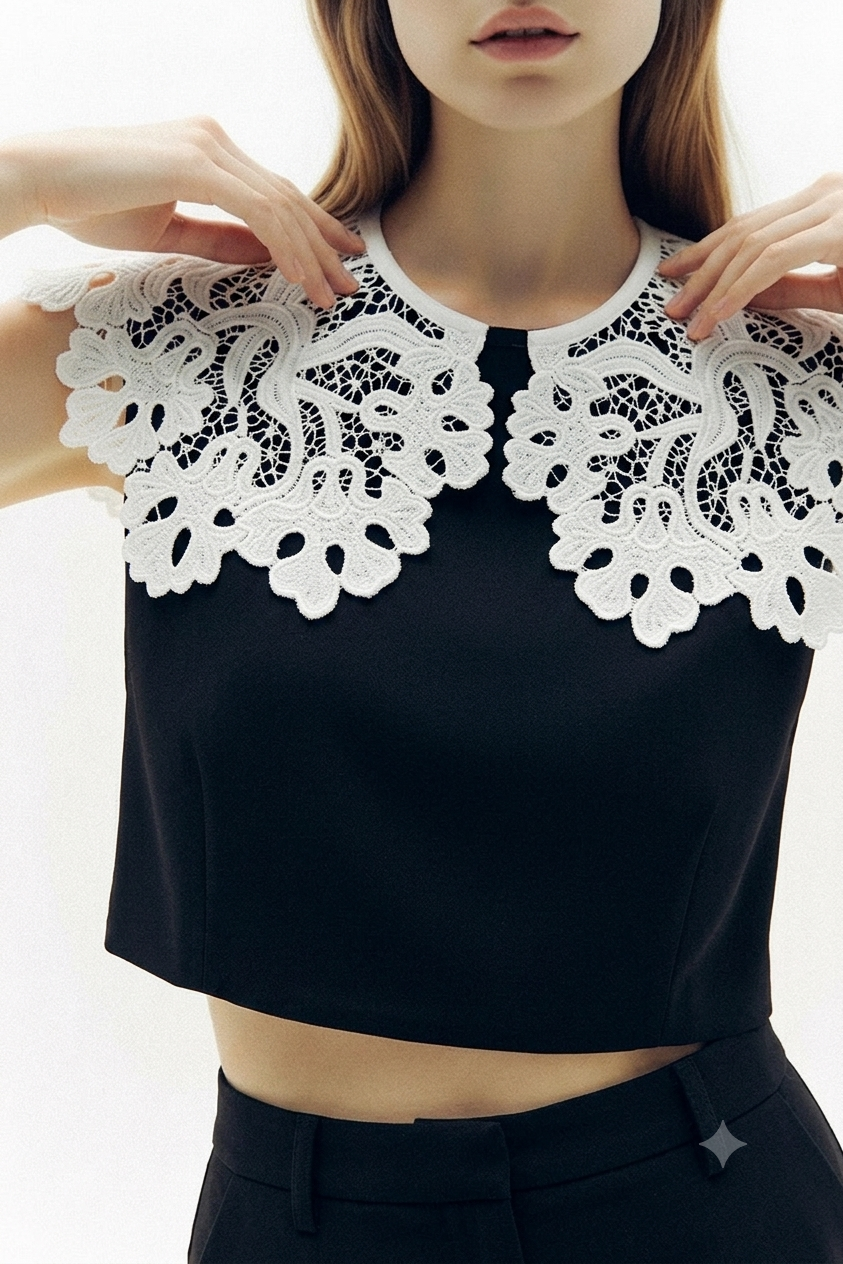 Hand-embroidered Richelieu cutwork detachable collar – fabric detail