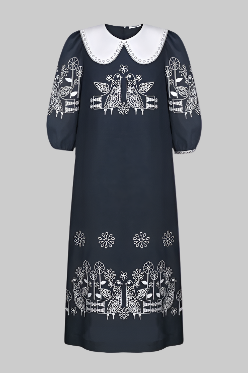 Rochie mini din in brodată cu păsări și flori Zozulya 