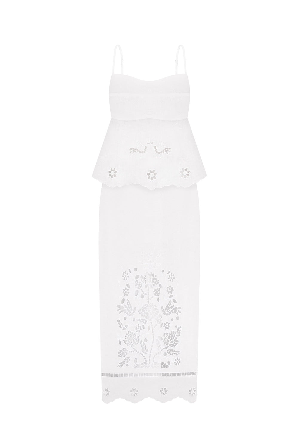 Model wearing the Tree of Life white cutwork linen skirt