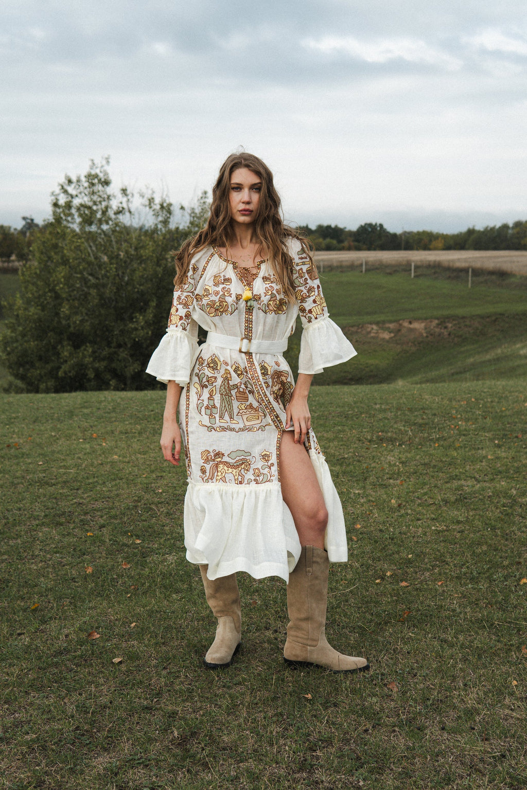 Embroidery History beige linen maxi dress by Foberini - front view