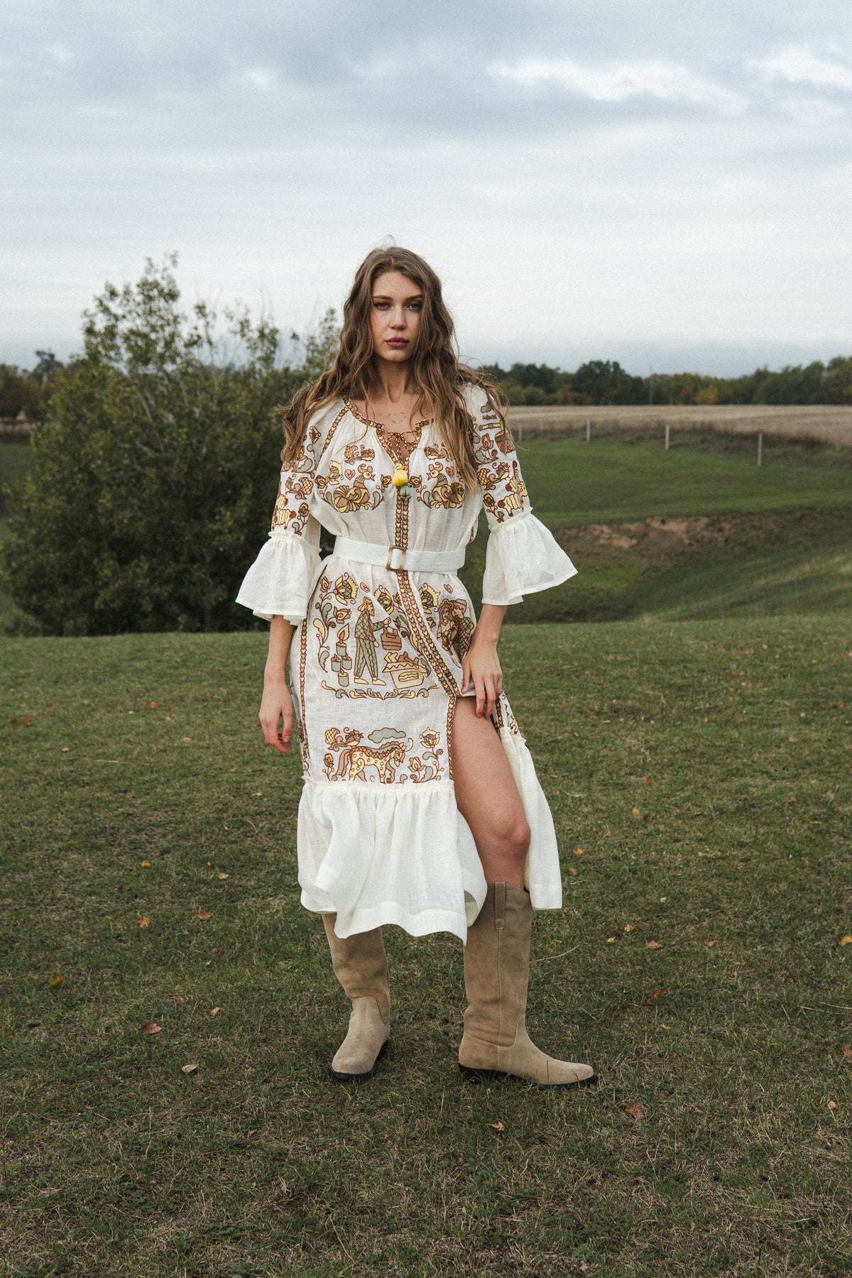 Embroidery History beige linen maxi dress by Foberini - front view