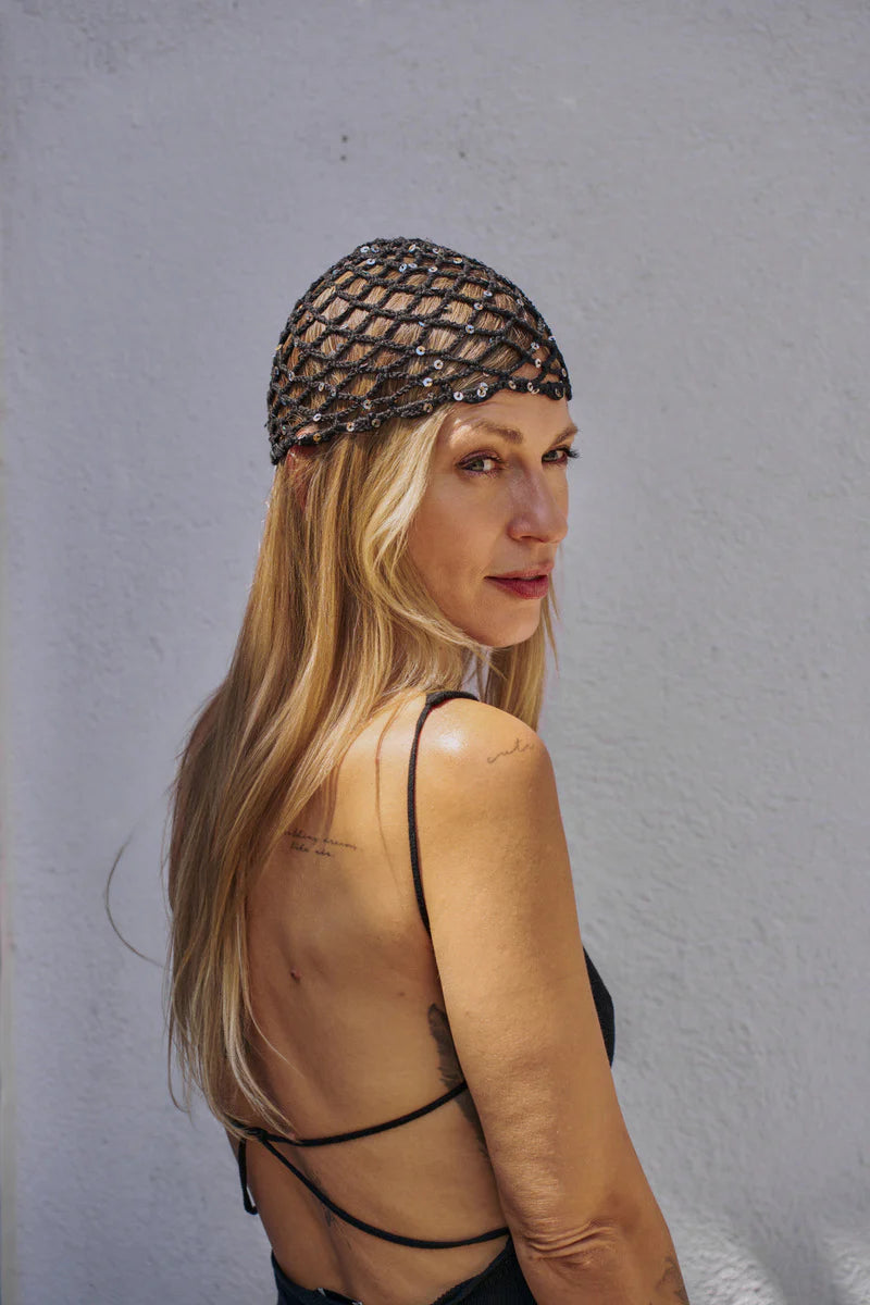Black crochet beanie with gold metallic accents, Katerini Mou