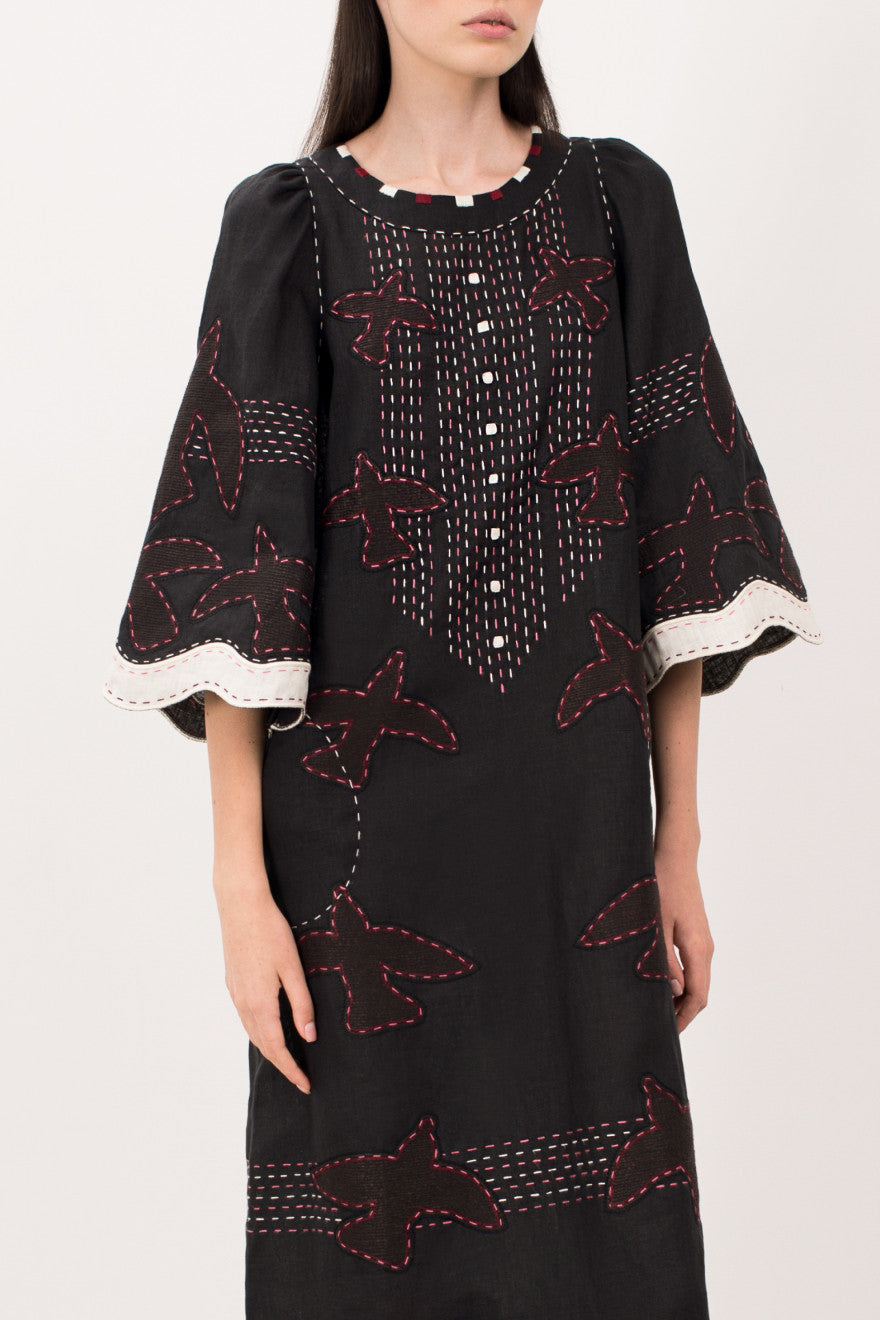 Golden Realm Handmade Embroidered Linen Dress