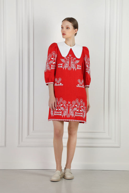 Embroidered Linen Mini Dress with Birds and Flowers Zozulya