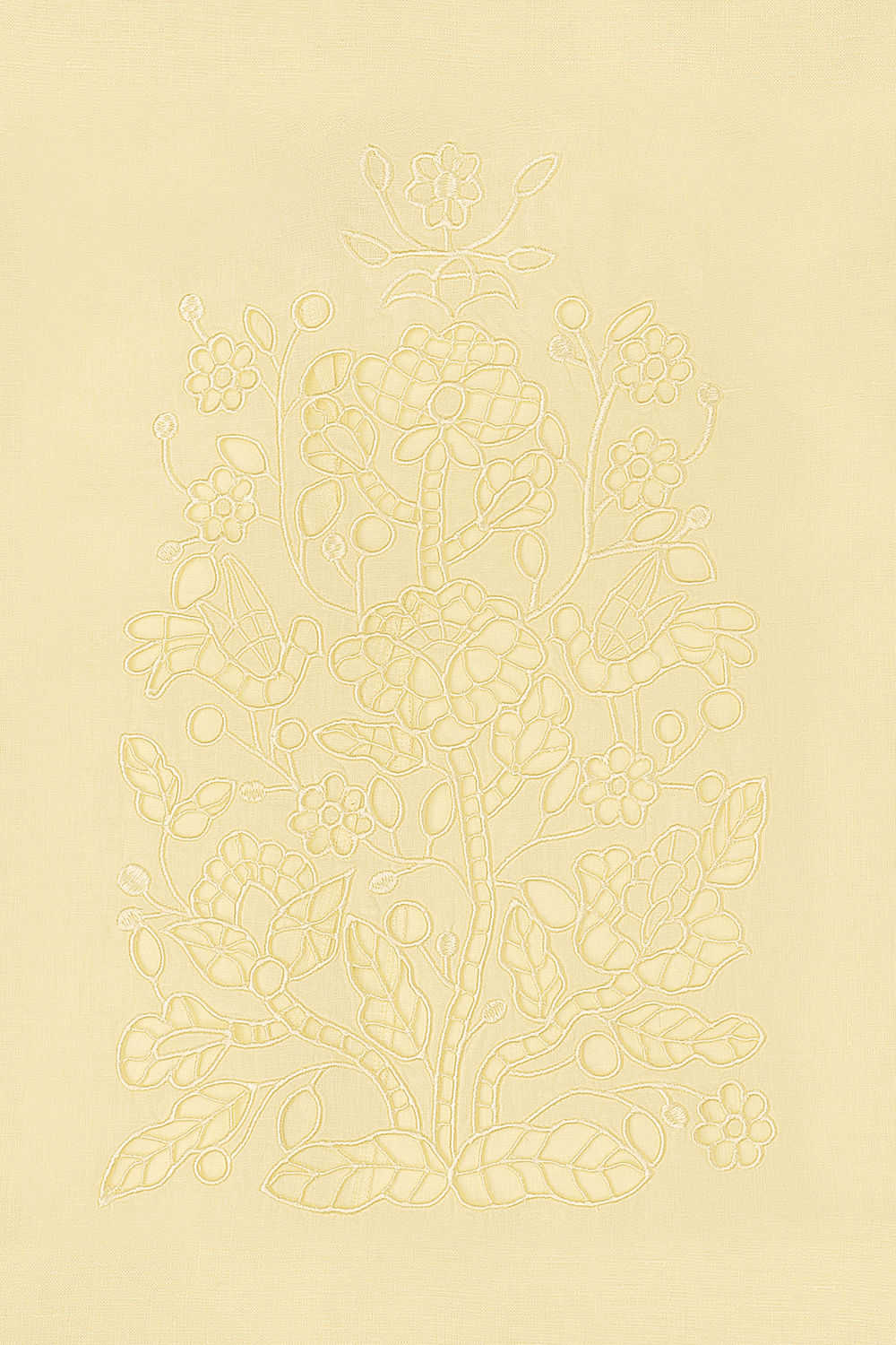 Model wearing the Tree of Life yellow cutwork linen skirt