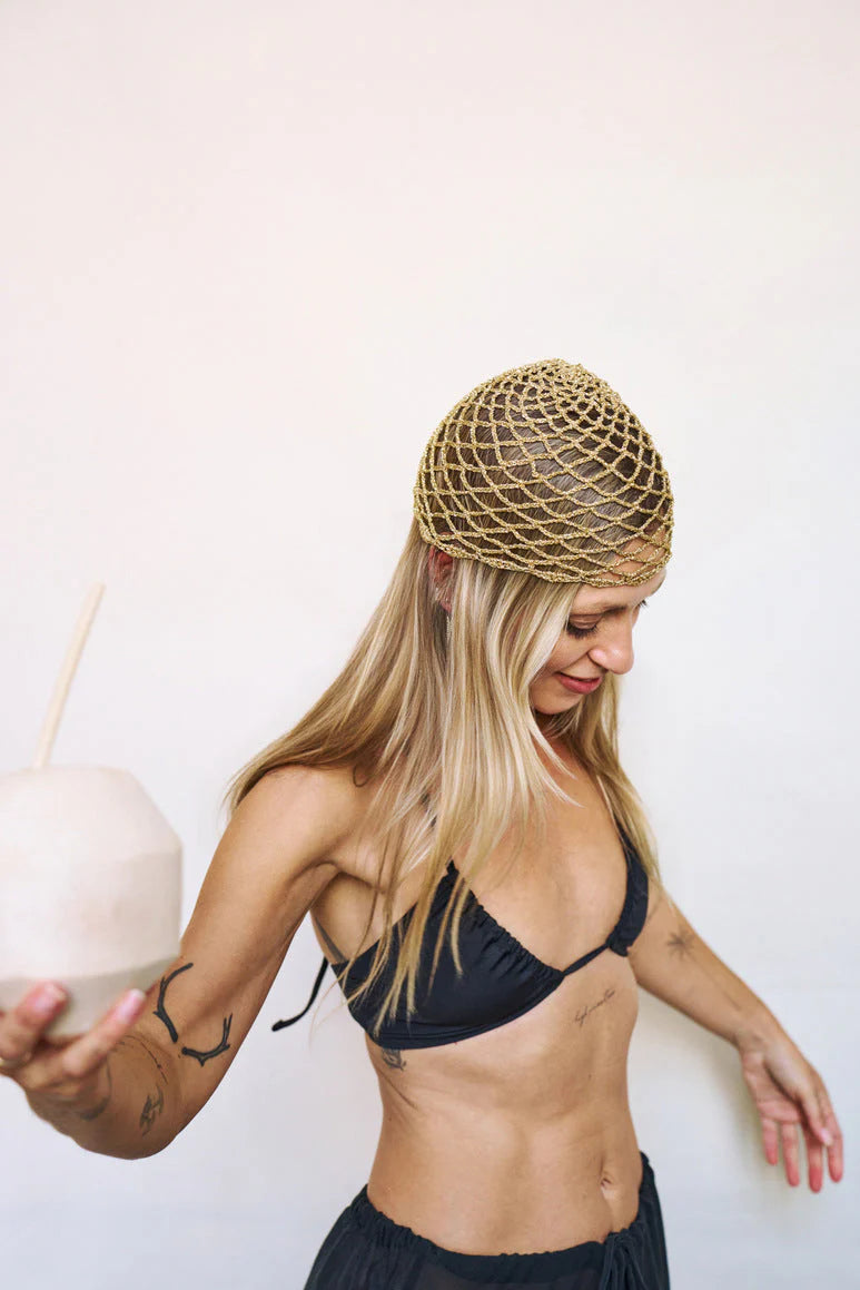 Katerini Mou gold ecru crochet beanie, detail