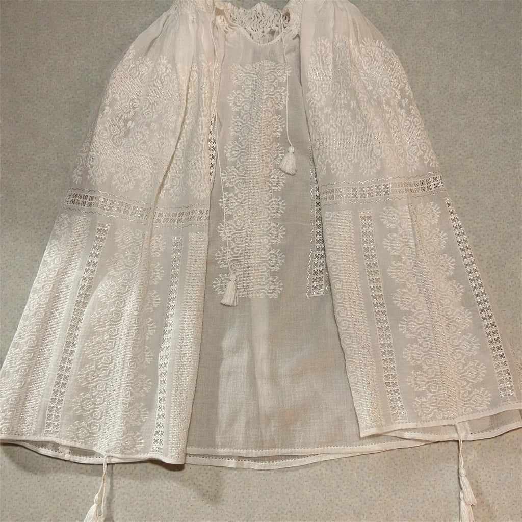 White Ram’s Horn motif hand cross-stitched silk and cotton blouse with ajour embroidery