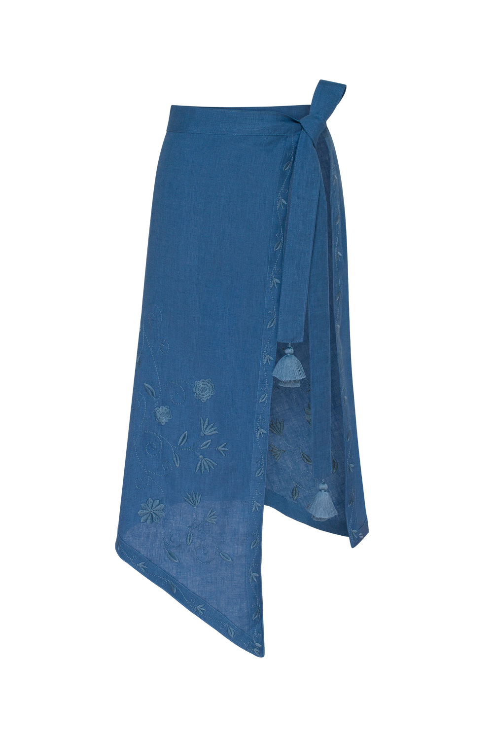 Hand-embroidered folk linen skirt with Richelieu cutwork