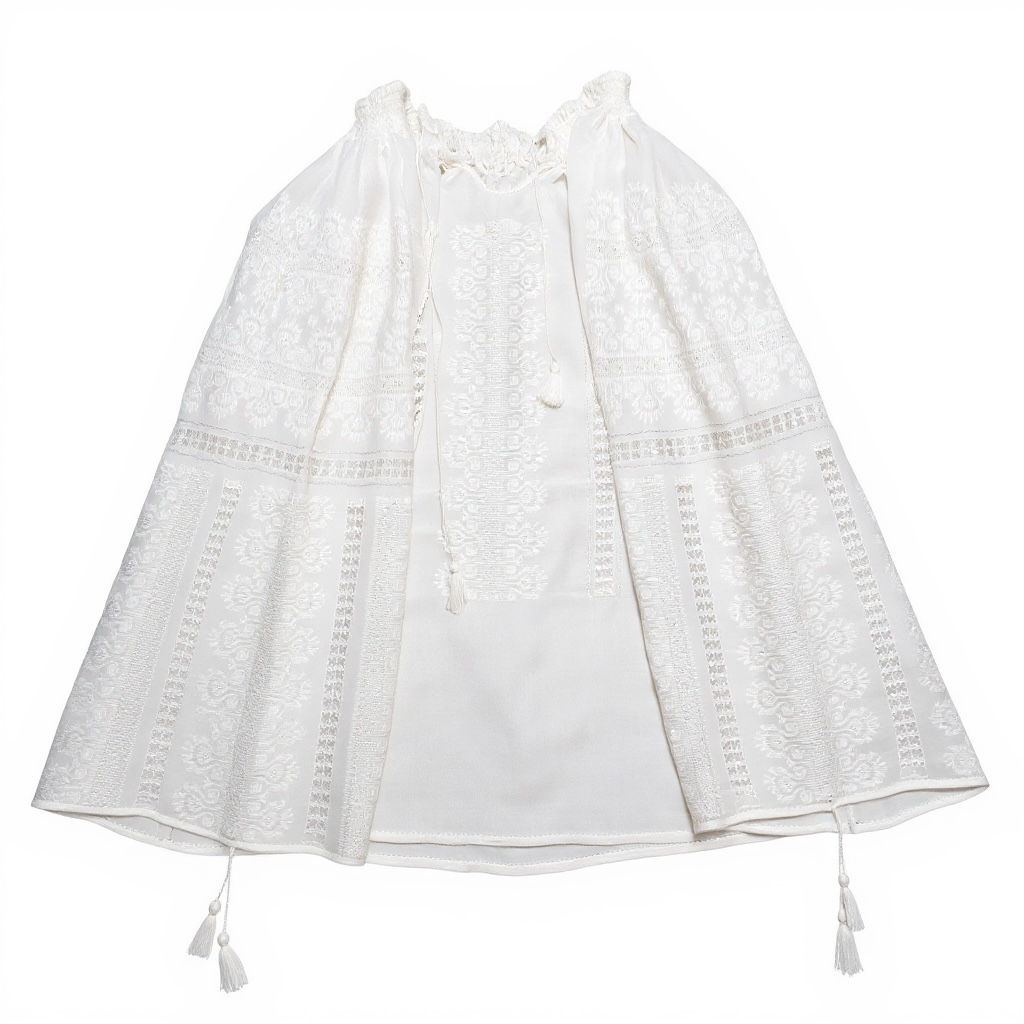 White Ram’s Horn motif hand cross-stitched silk and cotton blouse with ajour embroidery