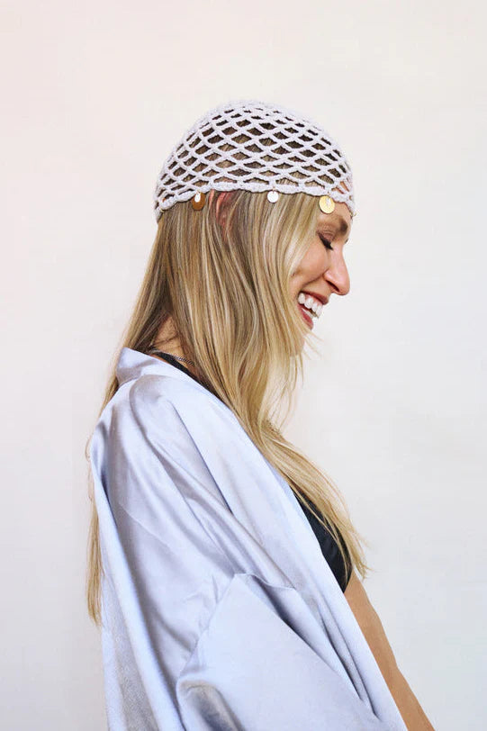 White crochet beanie with metallic accents, Katerini Mou